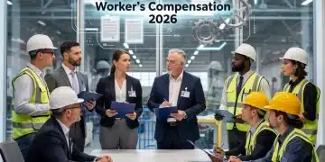 Workers discussing safety regulations and Worker's Compensation 2026 policies
